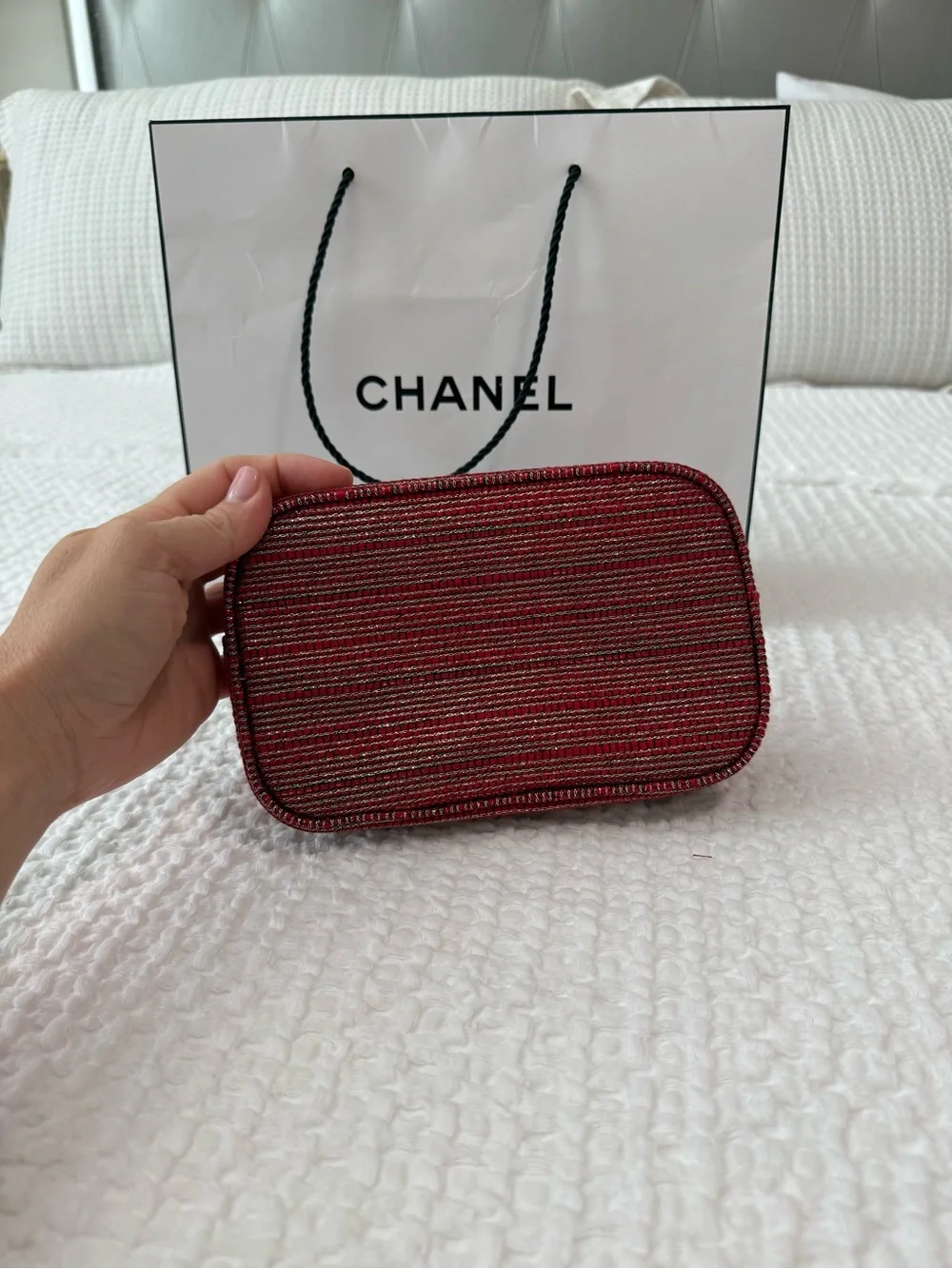 CHANEL Red and Gold Striped Phone Case Pouch